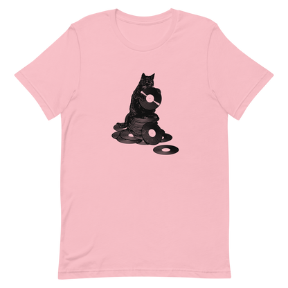 This design features a black cat cozily perched atop a stack of vinyl records, clutching one like it’s pure gold. It’s a tribute to analog lovers, feline charm, and the timeless joy of spinning a record. Perfect for music collectors, cat enthusiasts, and anyone with a nostalgic soul.