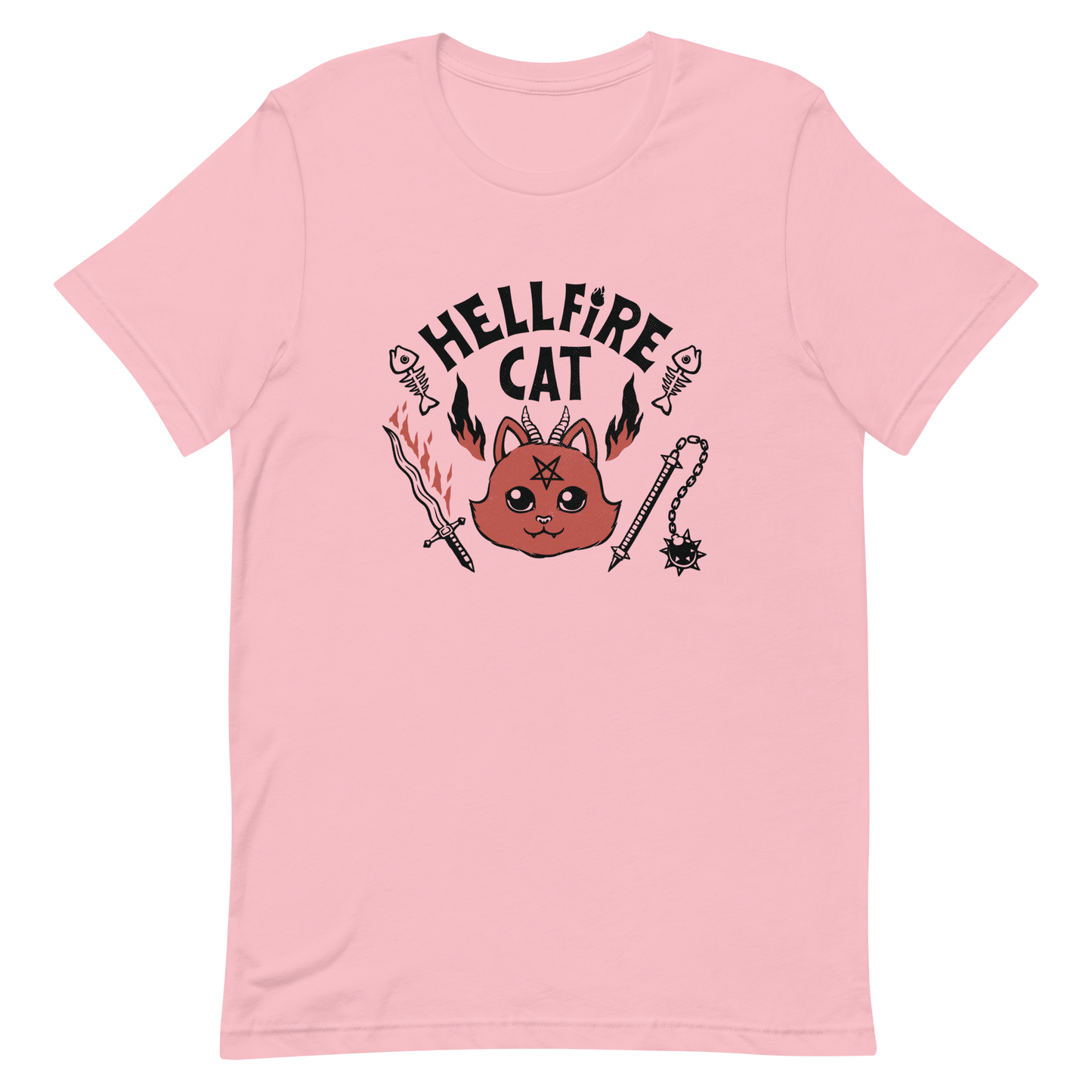 Vintage-style illustration of a cute red devil cat with small horns and a pentagram on its forehead, surrounded by flames, weapons, fish skeletons, and the bold phrase “Hellfire Cat” in a playful gothic design.