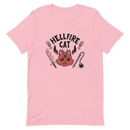 Vintage-style illustration of a cute red devil cat with small horns and a pentagram on its forehead, surrounded by flames, weapons, fish skeletons, and the bold phrase “Hellfire Cat” in a playful gothic design.