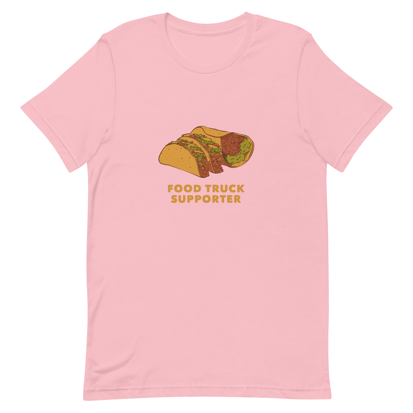 Two delicious tacos and a burrito with the phrase below "Food Truck Supporter". This design celebrates the love of street food and the joy of discovering amazing flavors on wheels. Perfect for Mexican food lovers, taco fans, and anyone who proudly supports local food trucks.