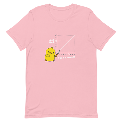 A cute little duckling holds a knife and points to a graphic depicting the inevitable connection between "Duck Around" and "Find Out." This design is a visual play on the famous "F*uck around and find out" meme, reimagined with humor and cuteness. Perfect for those who love ducks, memes, and a touch of clever chaos.