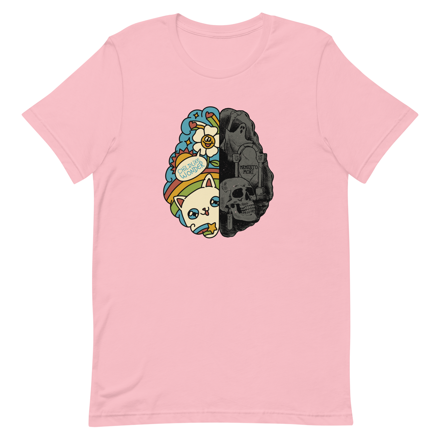 This artwork depicts a split brain, one side cheerful and vibrant with a cute cat, rainbows, and the phrase "Childlike Wonder," the other dark and gothic with skulls and the inscription "Memento Mor". It represents the duality between life and mortality, joy and decay. A perfect choice for fans of art with a macabre yet cute touch, psychological themes, and people who have an inner duality.
