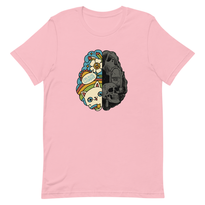 This artwork depicts a split brain, one side cheerful and vibrant with a cute cat, rainbows, and the phrase "Childlike Wonder," the other dark and gothic with skulls and the inscription "Memento Mor". It represents the duality between life and mortality, joy and decay. A perfect choice for fans of art with a macabre yet cute touch, psychological themes, and people who have an inner duality.