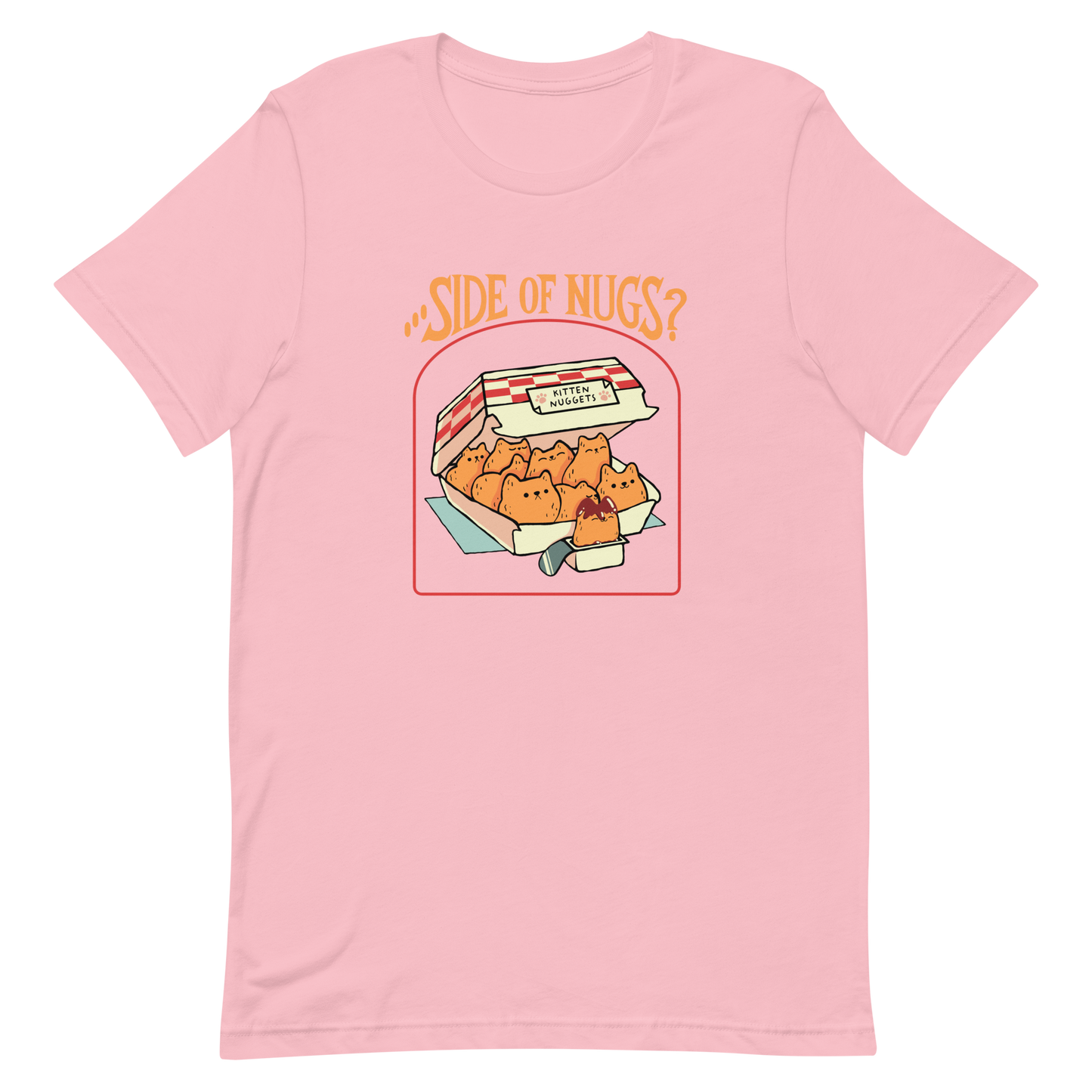 A box of cute, cat-shaped chicken nuggets, with the text "side of nugs?" on top. A work of art that blends humor, kittens, and fast food.