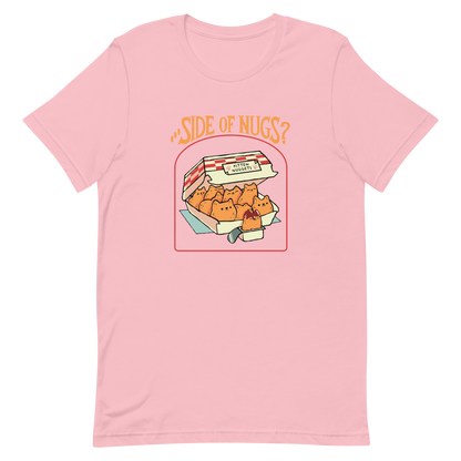 A box of cute, cat-shaped chicken nuggets, with the text "side of nugs?" on top. A work of art that blends humor, kittens, and fast food.