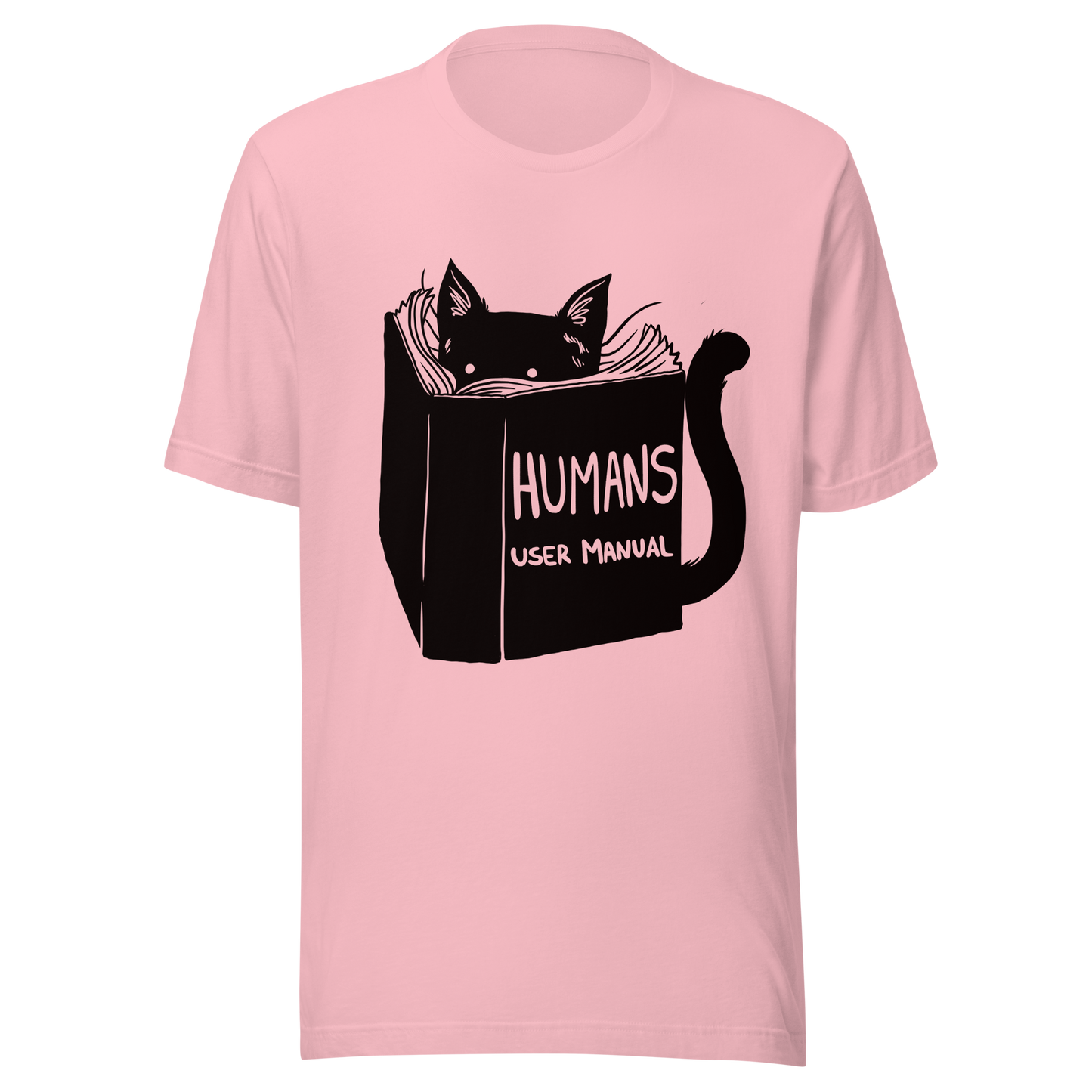 A kitten peeking out from behind a huge book titled "Humans: User Manual". This design plays on the idea that cats are trying to figure out how to control us. Perfect for cat lovers, book fans, and anyone who enjoys lighthearted humor in prints.