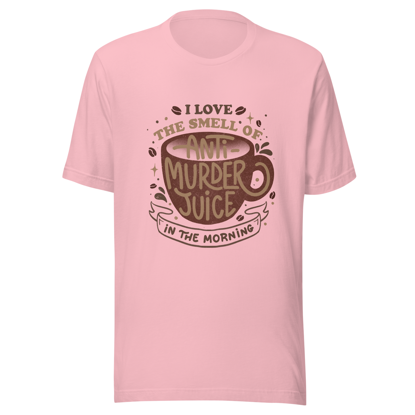 The artwork features a stylized mug in earthy tones with the lettering "I love the smell of anti-murder juice in the morning", creating a strong and well-defined visual. The art transforms coffee into the famous "anti-murder juice", playfully referencing the acidic humor of those who only function after caffeine. Ideal for coffee lovers, those who appreciate retro design, expressive lettering, and humorous prints.