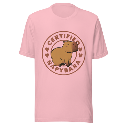 An art piece in warm beige and brown tones featuring a relaxed, sleepy capybara sitting peacefully beside the phrase “Certified Napybara”. A cozy, humorous design perfect for anyone who relates to slow days, loves capybaras, and fully embraces the art of taking naps.