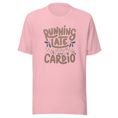 A playful hand-lettered typography design featuring the phrase “Running Late Is My Cardio,” with heartbeat lines and dynamic accents on the background. The artwork jokes that being late is the only form of exercise, poking fun at rushed mornings and chaotic routines with lighthearted humor. Ideal for chronically late people and anyone who loves good humor.