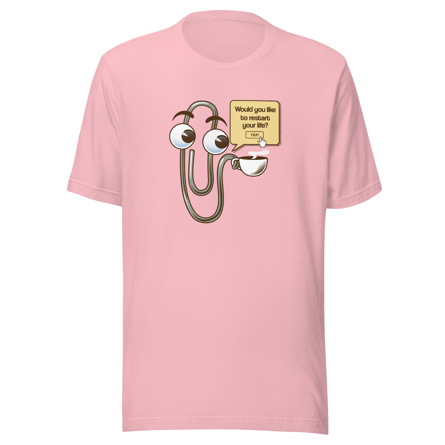 A playful paperclip character holding a cup of coffee with the phrase ‘You Look Like You Need a Coffee’. A witty, nostalgic design perfect for coffee lovers and fans of retro tech humour.