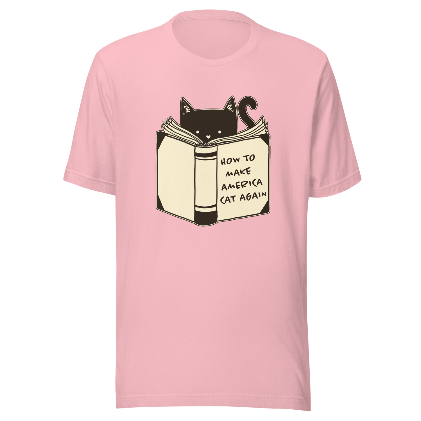 A minimalist illustration of a cat reading a book titled “How to Make America Cat Again”. A clean, witty design that blends feline charm with ironic humor, perfect for cat lovers and fans of clever, minimalist art.