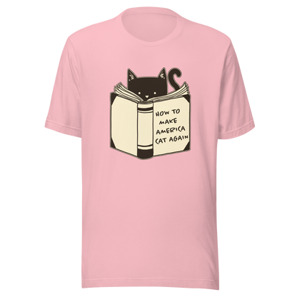 A minimalist illustration of a cat reading a book titled “How to Make America Cat Again”. A clean, witty design that blends feline charm with ironic humor, perfect for cat lovers and fans of clever, minimalist art.