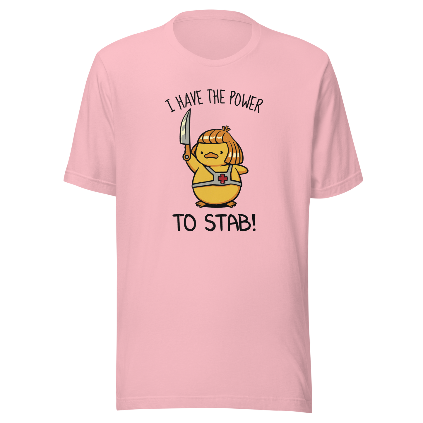 An illustration of a duck inspired by a classic '80s fantasy cartoon hero, dramatically holding a knife like a legendary sword beneath the phrase "I Have The Power To Stab." A fun parody design for fans of retro cartoons, nostalgic pop culture, fantasy adventures, and absurd animal humour.