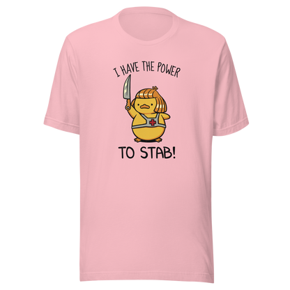 An illustration of a duck inspired by a classic '80s fantasy cartoon hero, dramatically holding a knife like a legendary sword beneath the phrase "I Have The Power To Stab." A fun parody design for fans of retro cartoons, nostalgic pop culture, fantasy adventures, and absurd animal humour.