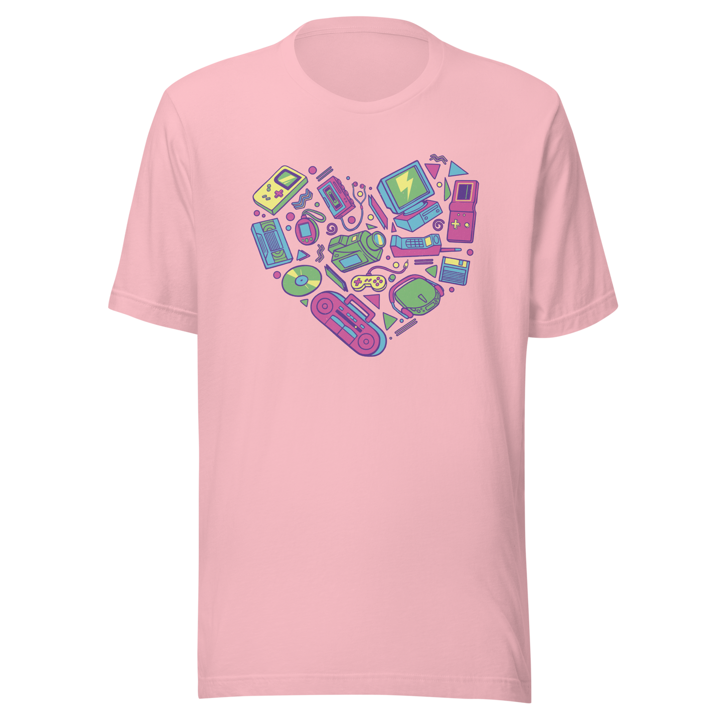 A heart made of iconic 90s electronics like computers, Walkmans, telephones, video game consoles, and Discmen, all in vibrant neon colours. A bold, nostalgic artwork perfect for anyone who loves retro tech and 90s vibes.