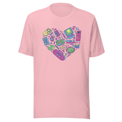 A heart made of iconic 90s electronics like computers, Walkmans, telephones, video game consoles, and Discmen, all in vibrant neon colours. A bold, nostalgic artwork perfect for anyone who loves retro tech and 90s vibes.