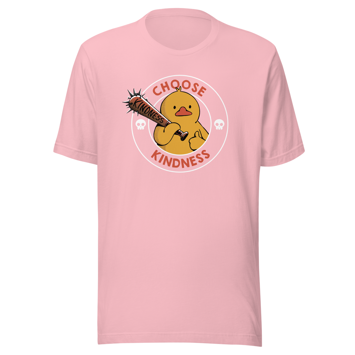 A tough-looking duck holds a spiked bat labeled “Kindness”, giving a thumbs up while surrounded by the phrase “Choose Kindness”. This bold design delivers a chaotic yet wholesome message: choose kindness — or else. Ideal for fans of dark humor, ducks with attitude, and ironic motivational vibes.