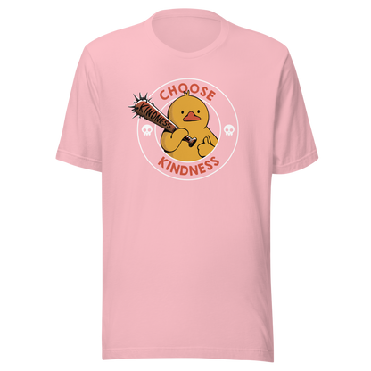 A tough-looking duck holds a spiked bat labeled “Kindness”, giving a thumbs up while surrounded by the phrase “Choose Kindness”. This bold design delivers a chaotic yet wholesome message: choose kindness — or else. Ideal for fans of dark humor, ducks with attitude, and ironic motivational vibes.