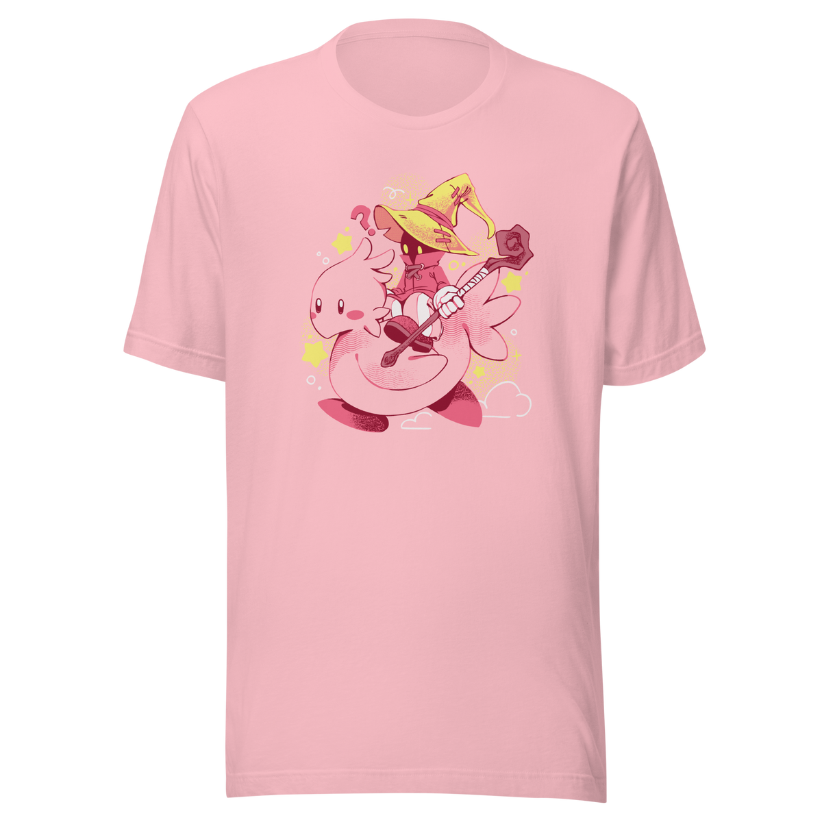 A charming fantasy illustration featuring a tiny wizard riding a soft pink bird through a magical sky. With a whimsical kawaii style, bright pastel colors, and playful fantasy elements, this design captures the joy of adventure and imagination. 