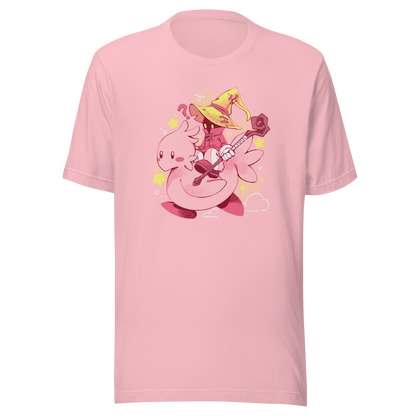 A charming fantasy illustration featuring a tiny wizard riding a soft pink bird through a magical sky. With a whimsical kawaii style, bright pastel colors, and playful fantasy elements, this design captures the joy of adventure and imagination. 