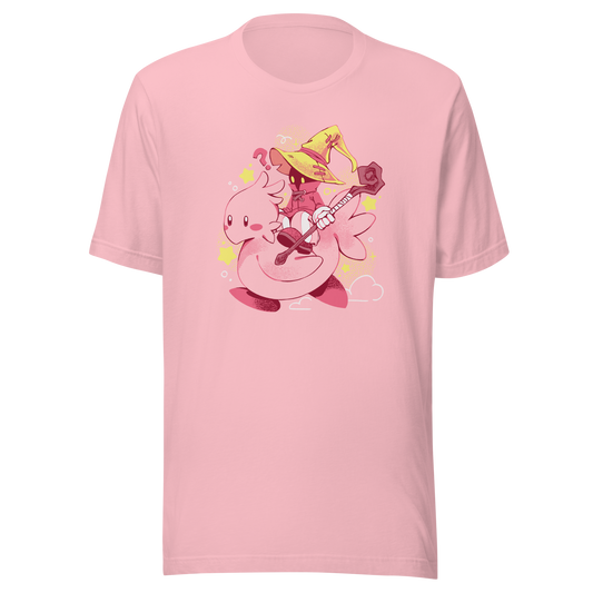 A charming fantasy illustration featuring a tiny wizard riding a soft pink bird through a magical sky. With a whimsical kawaii style, bright pastel colors, and playful fantasy elements, this design captures the joy of adventure and imagination. 