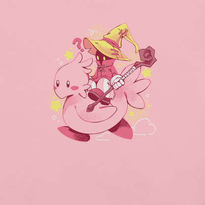 A charming fantasy illustration featuring a tiny wizard riding a soft pink bird through a magical sky. With a whimsical kawaii style, bright pastel colors, and playful fantasy elements, this design captures the joy of adventure and imagination. 
