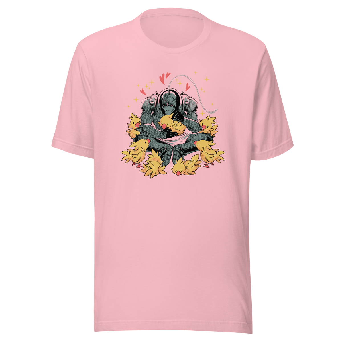 A dark armored warrior sits cross-legged, gently cuddling a group of fluffy yellow birds. Pink hearts and golden sparkles surround the unlikely duo, creating a humorous contrast between a fierce appearance and a tender, affectionate side.