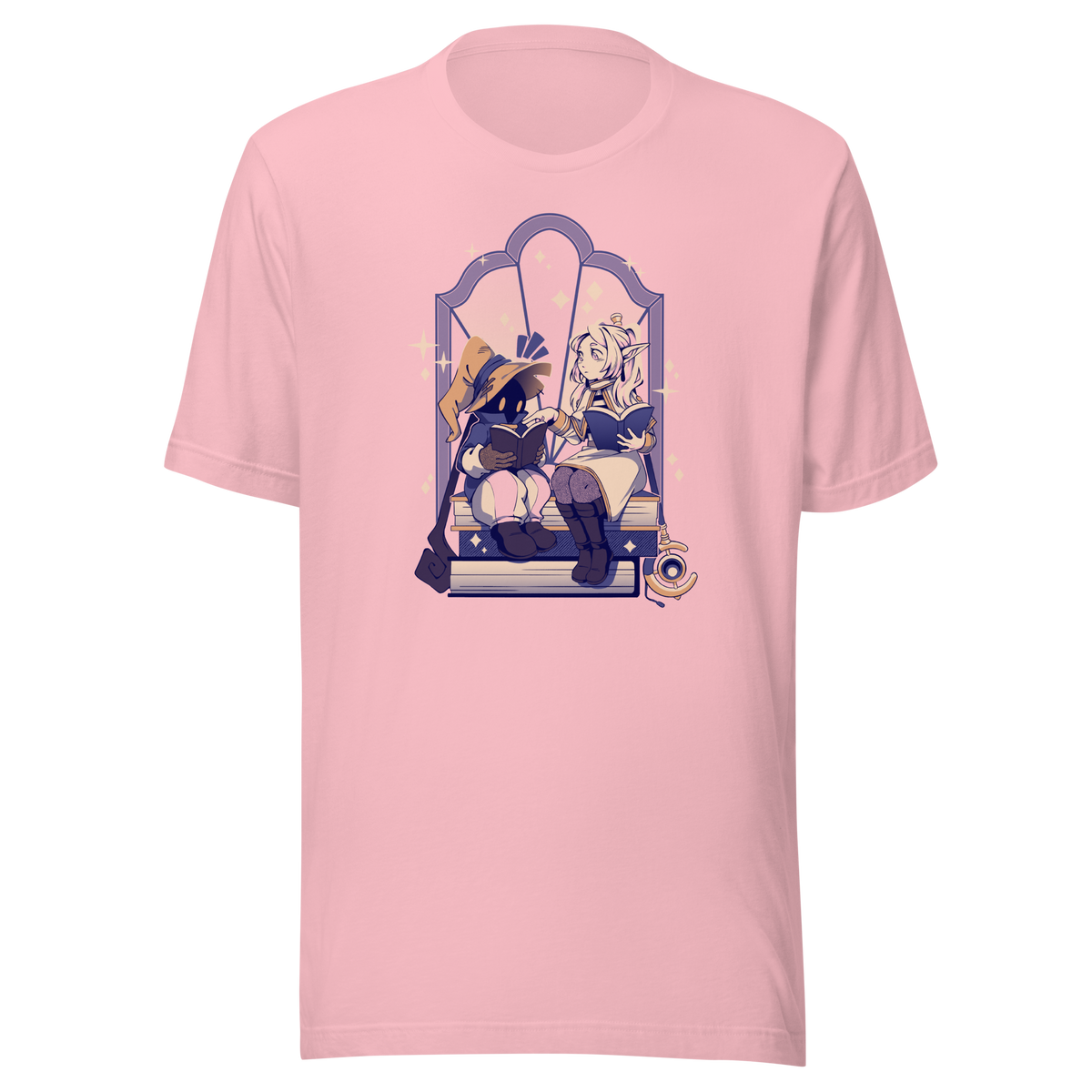 A cozy fantasy scene of an elf girl and a tiny mage reading together on stacked books, surrounded by sparkles and magical charm in a soft pastel palette.