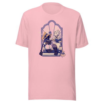 A cozy fantasy scene of an elf girl and a tiny mage reading together on stacked books, surrounded by sparkles and magical charm in a soft pastel palette.