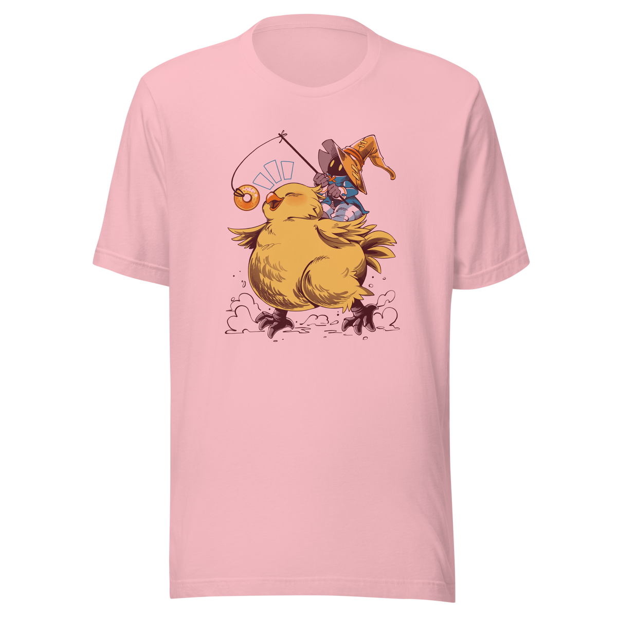 A tiny wizard rides a chunky yellow bird while chasing a dangling donut, mixing cute fantasy chaos, retro RPG charm, and playful adventure in a fun whimsical design.