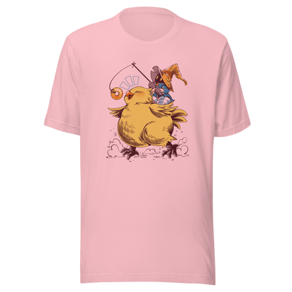 A tiny wizard rides a chunky yellow bird while chasing a dangling donut, mixing cute fantasy chaos, retro RPG charm, and playful adventure in a fun whimsical design.