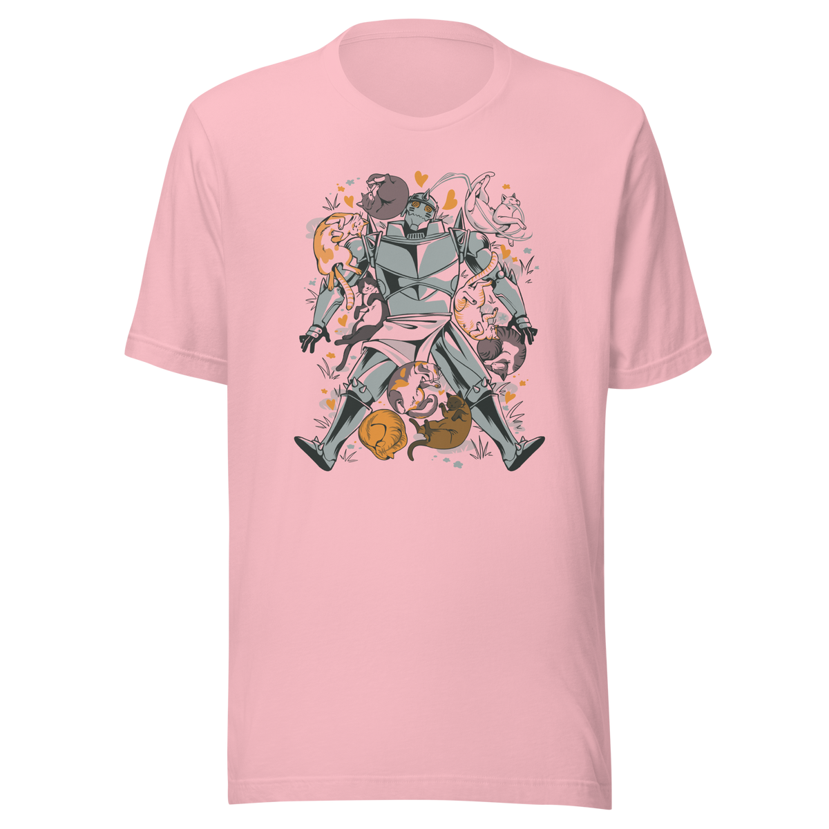 A steel-armored warrior surrounded by sleeping and playful cats, with orange hearts and tiny flowers scattered around. The humorous illustration combines medieval armor with a cozy feline theme.