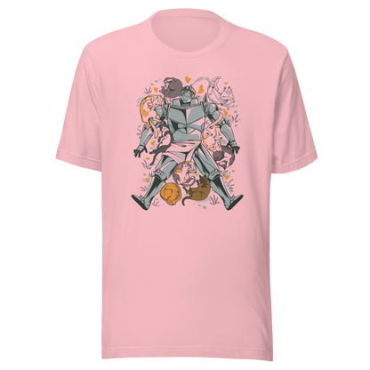 A steel-armored warrior surrounded by sleeping and playful cats, with orange hearts and tiny flowers scattered around. The humorous illustration combines medieval armor with a cozy feline theme.