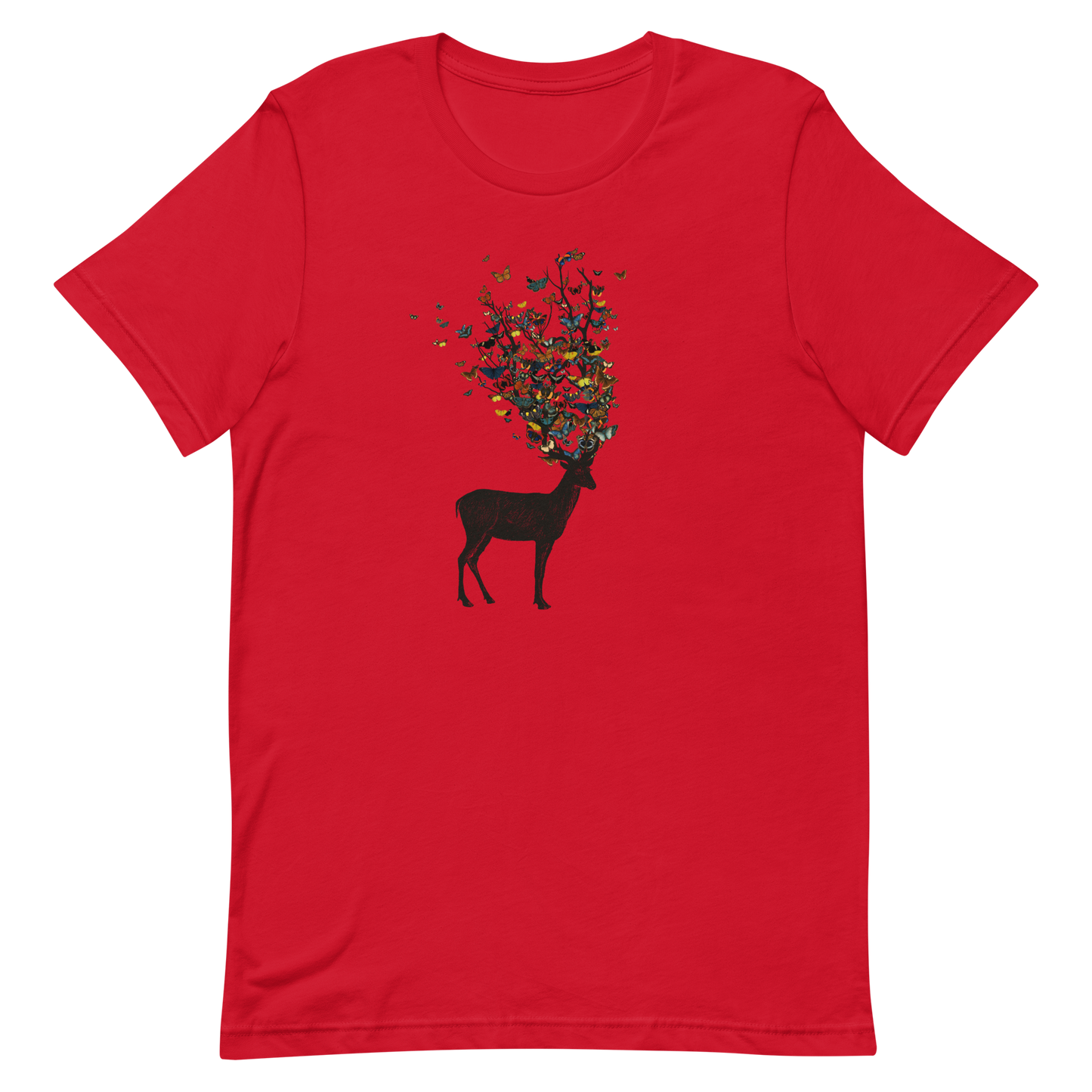 The image depicts a dark, silhouetted deer standing on a neutral background. Instead of branches, its antlers transform into a swirling cloud of vibrant, colorful butterflies that extend upwards and outward. The mix of organic and ethereal elements creates a captivating and whimsical visual contrast.