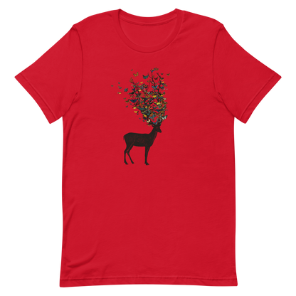 The image depicts a dark, silhouetted deer standing on a neutral background. Instead of branches, its antlers transform into a swirling cloud of vibrant, colorful butterflies that extend upwards and outward. The mix of organic and ethereal elements creates a captivating and whimsical visual contrast.