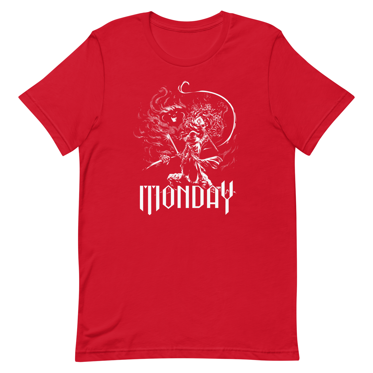 A white fantasy-style illustration showing a wizard standing on a rock, wielding a staff and sword, casting a spell toward a swirling dark, smoky monster with glowing eyes and mouth. The word “MONDAY” appears in large, bold, gothic letters at the bottom, symbolizing the wizard battling the chaos of Monday.