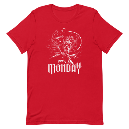 A white fantasy-style illustration showing a wizard standing on a rock, wielding a staff and sword, casting a spell toward a swirling dark, smoky monster with glowing eyes and mouth. The word “MONDAY” appears in large, bold, gothic letters at the bottom, symbolizing the wizard battling the chaos of Monday.