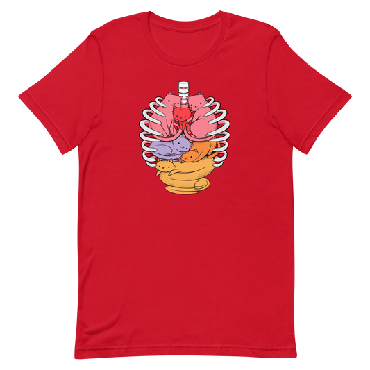 The image features a unique and colorful illustration of six whimsical cats nestled within and around a human ribcage. Each cat is a different bright color, ranging from pink and purple to orange and yellow, creating a visually appealing and vibrant composition. The use of contrasting colors and playful subject matter gives it a charming and eye-catching style.