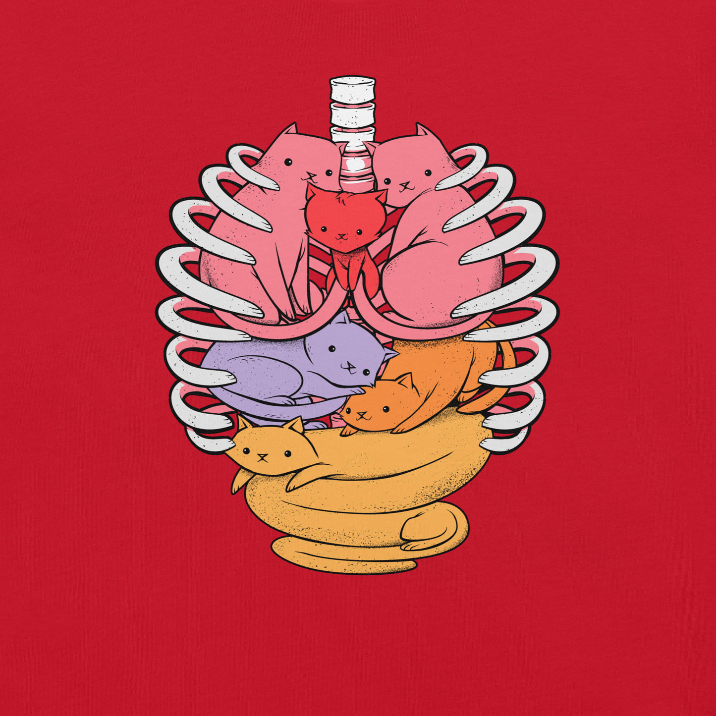 The image features a unique and colorful illustration of six whimsical cats nestled within and around a human ribcage. Each cat is a different bright color, ranging from pink and purple to orange and yellow, creating a visually appealing and vibrant composition. The use of contrasting colors and playful subject matter gives it a charming and eye-catching style.