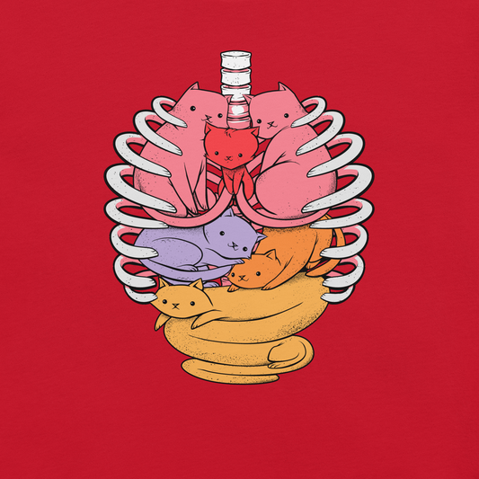 The image features a unique and colorful illustration of six whimsical cats nestled within and around a human ribcage. Each cat is a different bright color, ranging from pink and purple to orange and yellow, creating a visually appealing and vibrant composition. The use of contrasting colors and playful subject matter gives it a charming and eye-catching style.