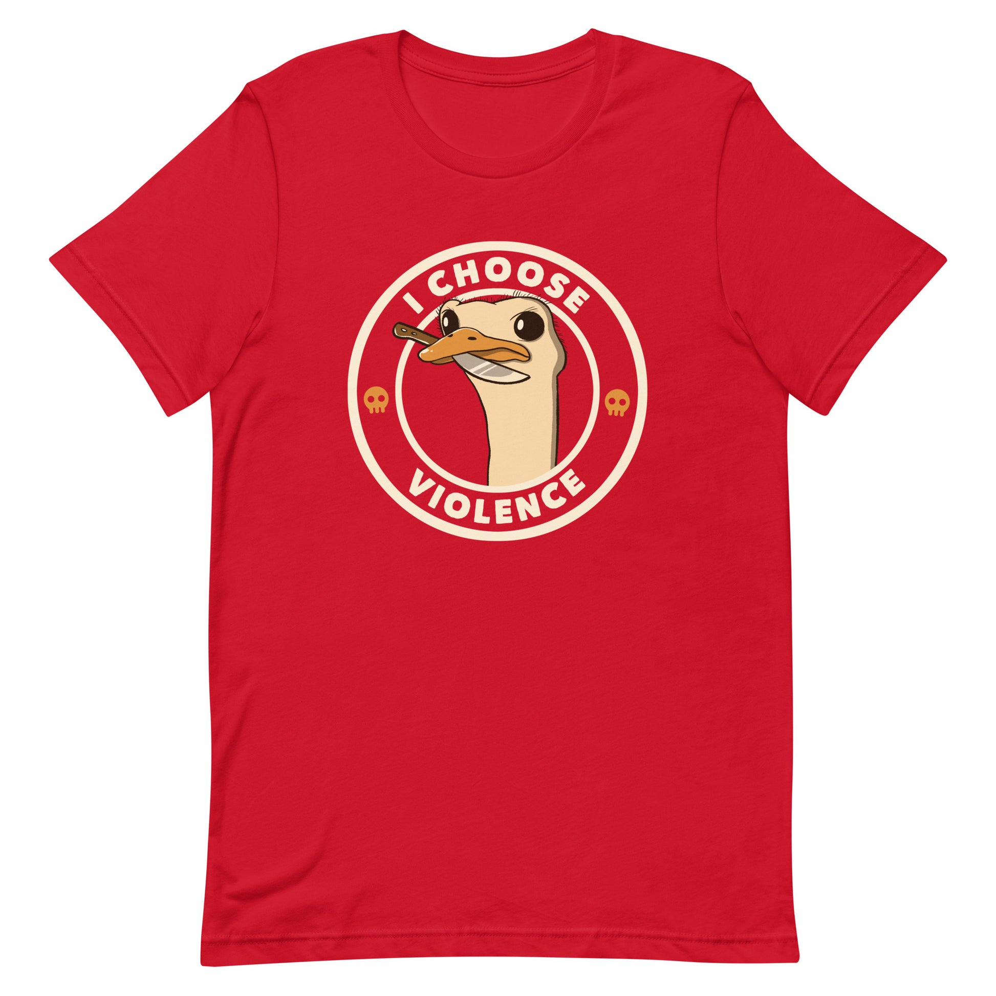 A cartoonish emu with large, expressive eyes holds a knife in its beak, suggesting a humorous and ironic menacing look. The image is framed by two circles, with the text 'I CHOOSE VIOLENCE' around the inner circle. Two small skull icons are placed on either side below the text.