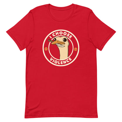 A cartoonish emu with large, expressive eyes holds a knife in its beak, suggesting a humorous and ironic menacing look. The image is framed by two circles, with the text 'I CHOOSE VIOLENCE' around the inner circle. Two small skull icons are placed on either side below the text.