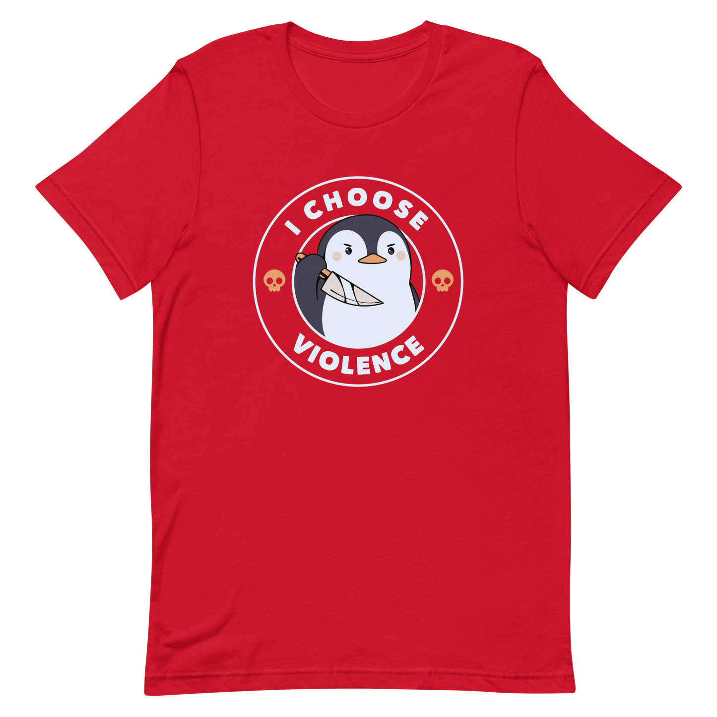 A cartoon-style penguin with a slightly menacing expression holds a large knife. It is surrounded by the words 'I CHOOSE VIOLENCE' in bold uppercase letters. There are two small orange skulls flanking the penguin. The overall design is circular and features contrasting colors for a dramatic effect.