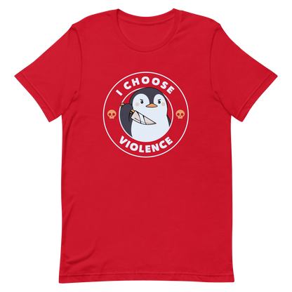 A cartoon-style penguin with a slightly menacing expression holds a large knife. It is surrounded by the words 'I CHOOSE VIOLENCE' in bold uppercase letters. There are two small orange skulls flanking the penguin. The overall design is circular and features contrasting colors for a dramatic effect.
