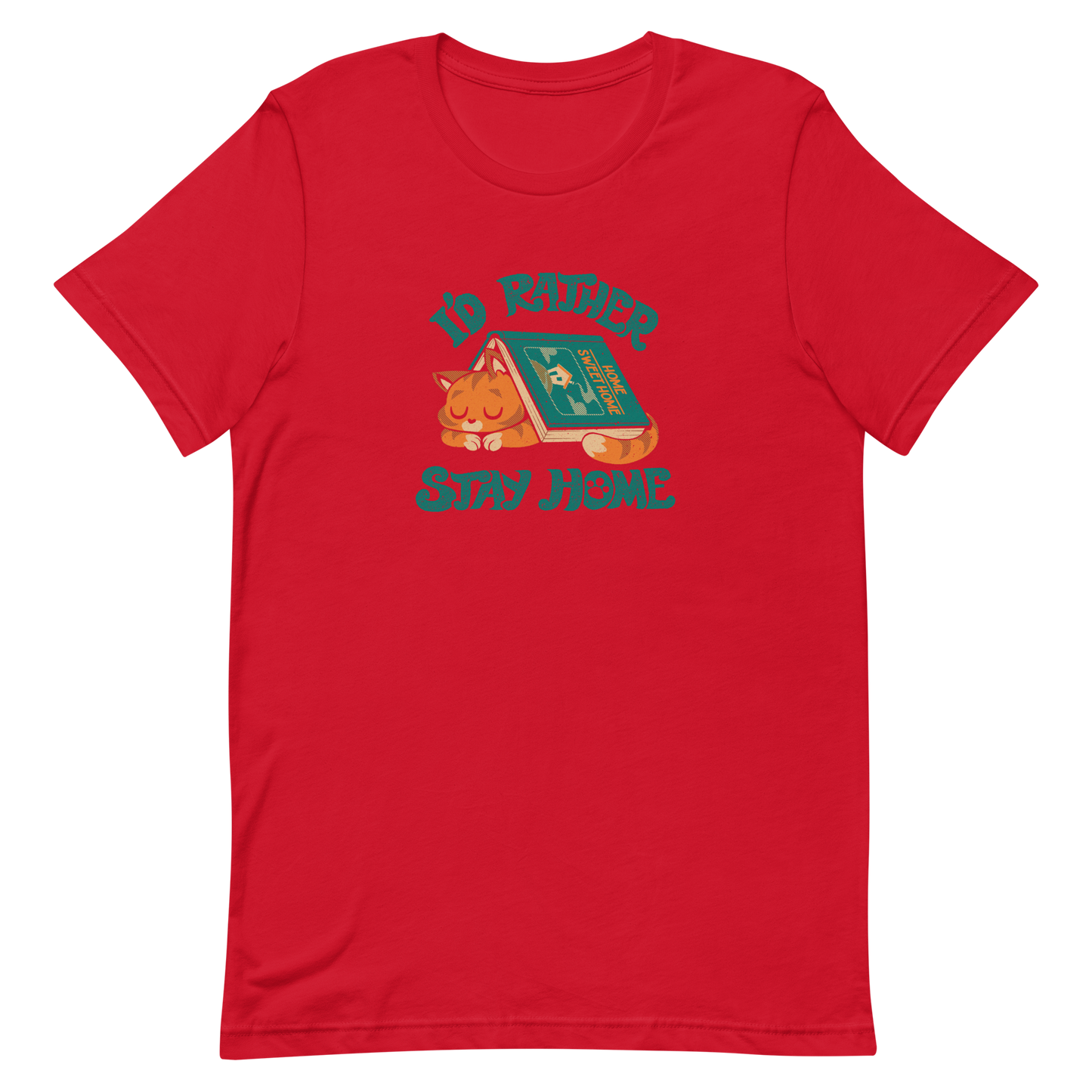 Sleeping orange cat under a book labeled 'Home Sweet Home' with the motto 'I'D RATHER STAY HOME'.