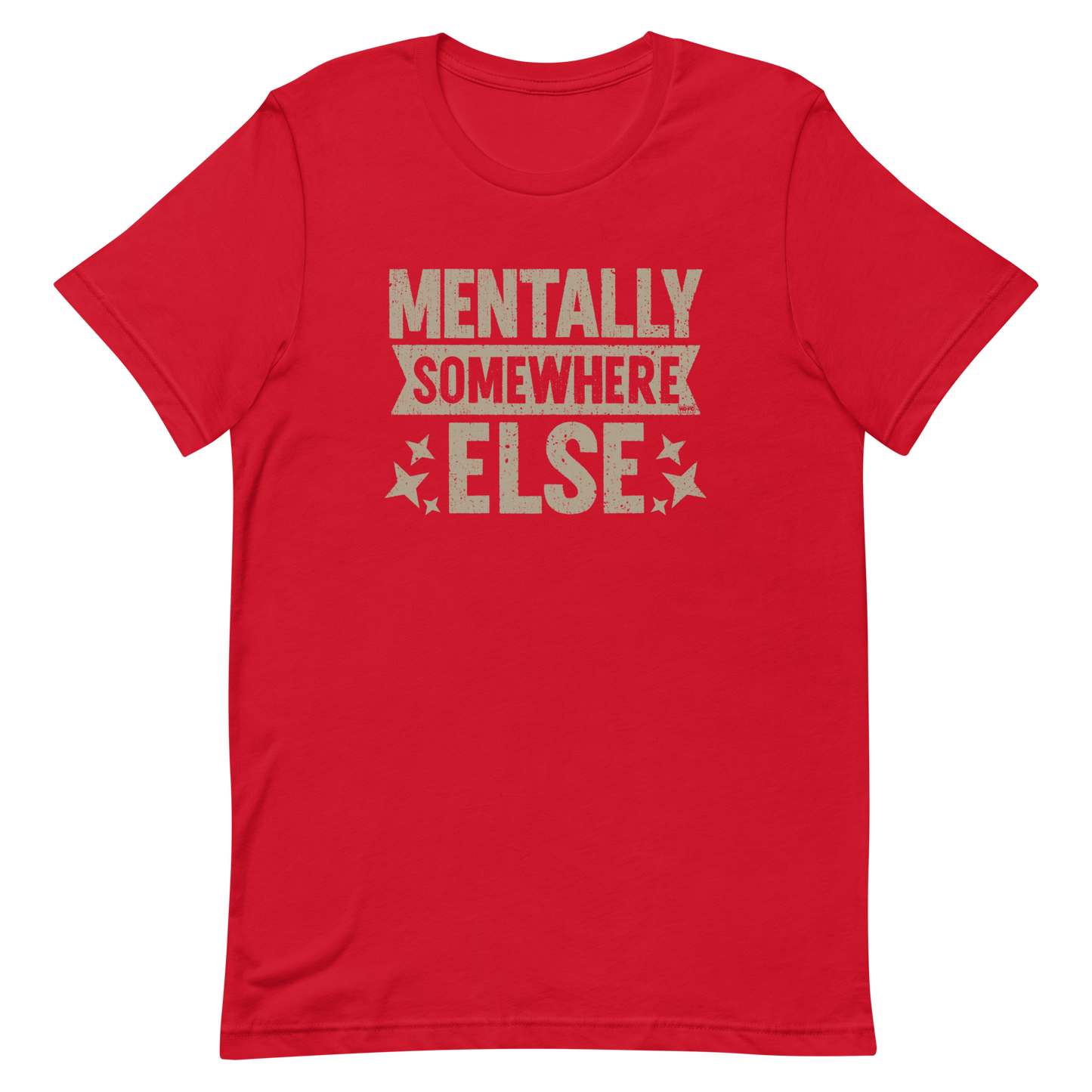 Distressed vintage-style text graphic displaying the phrase “Mentally Somewhere Else,” decorated with scattered star icons and a bold, textured font.