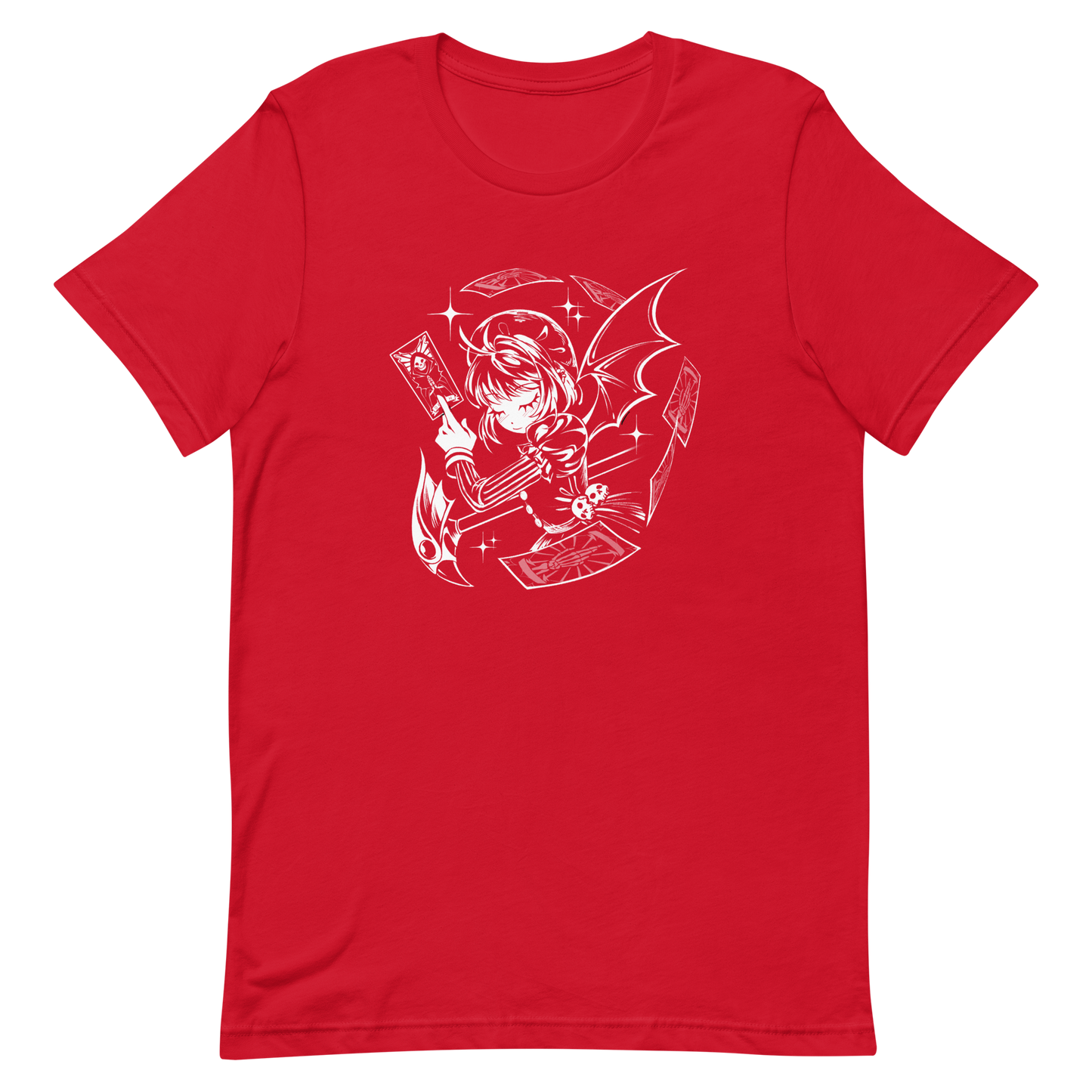 Black-and-white illustration of a gothic anime-style girl with bat wings, holding a magical card while floating cards swirl around her, along with sparkles and a stylized scepter.