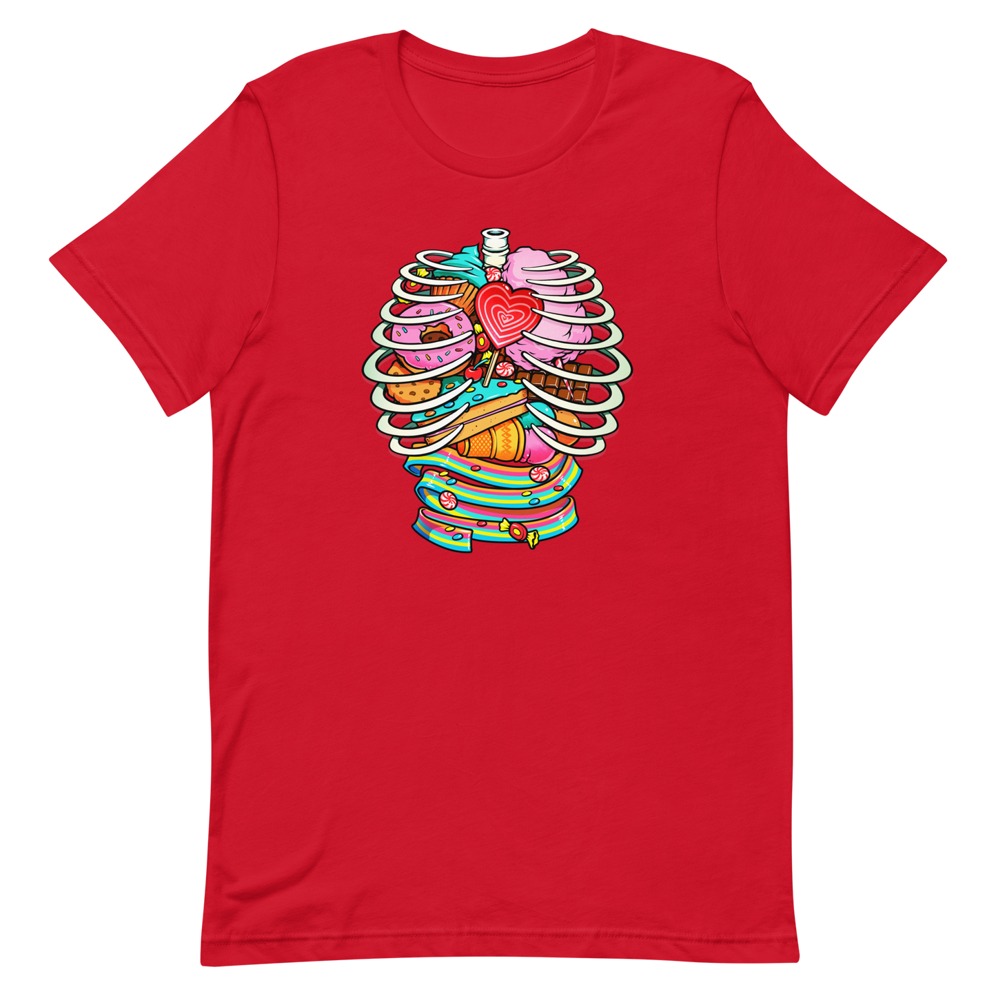 This vibrant design features a detailed, cartoonish human ribcage with various colorful candies and sweets filling the cavity. The sweets include a heart-shaped lollipop, cookies, cotton candy, chocolate bars, ice cream, donuts, and colorful candy strips. The style is reminiscent of pop art with bold lines and vivid colors, making it visually striking and playful.