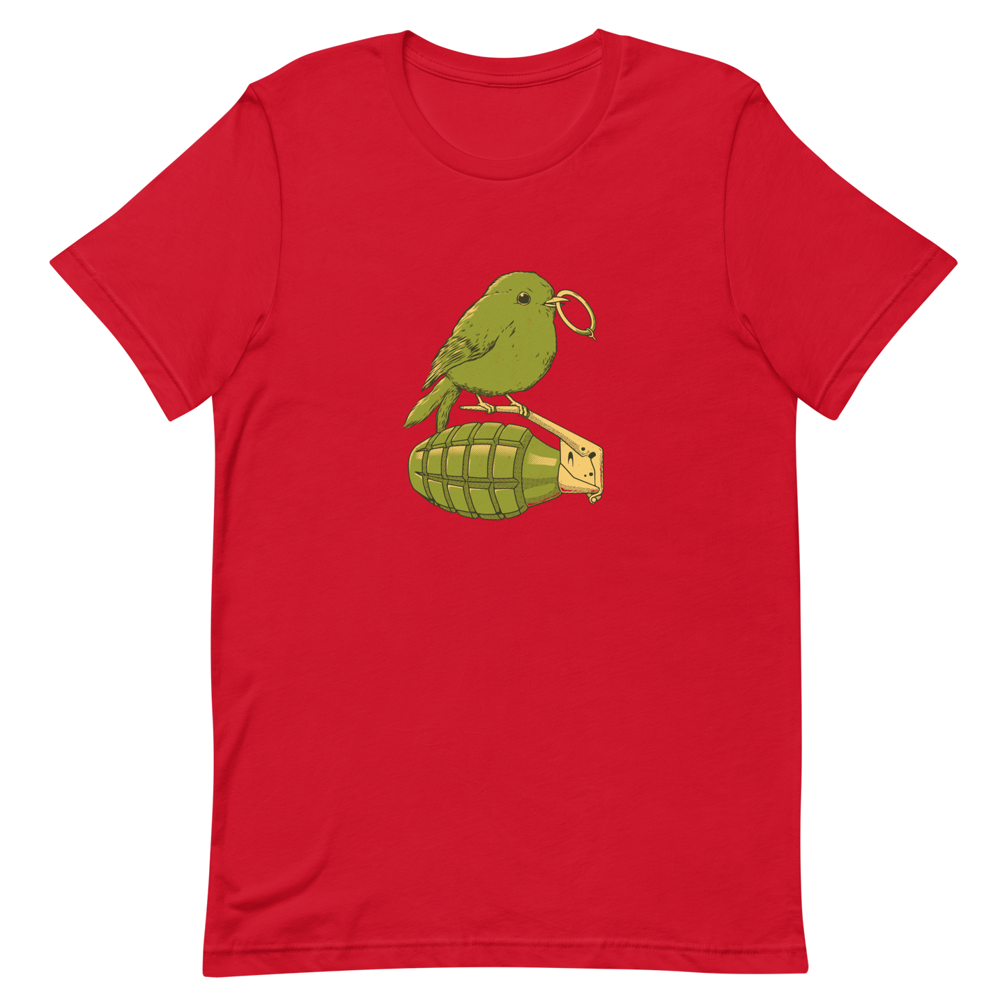 A small, detailed bird with a realistic style perches on top of a hand grenade. The bird holds the pin of the grenade in its beak, giving the image a whimsical yet ironic feel. The color palette consists of shades of green and tan, with a playful blend of nature and military elements. The overall vibe is quirky and thought-provoking, blending humor with a hint of danger.