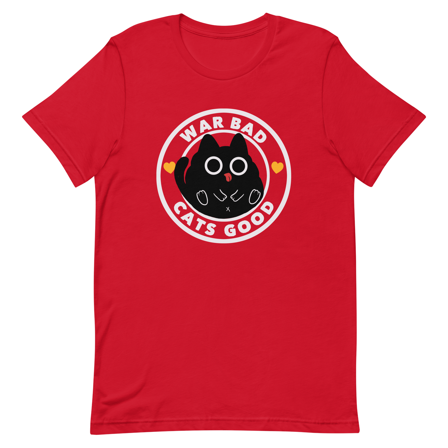 A chubby black cat with big round eyes sits in the center of a circle with the words “War Bad, Cats Good.” This artwork mixes cuteness with a powerful message, reminding us that peace and love always win over conflict. Perfect for cat lovers, peace advocates, and anyone who enjoys playful yet meaningful designs.